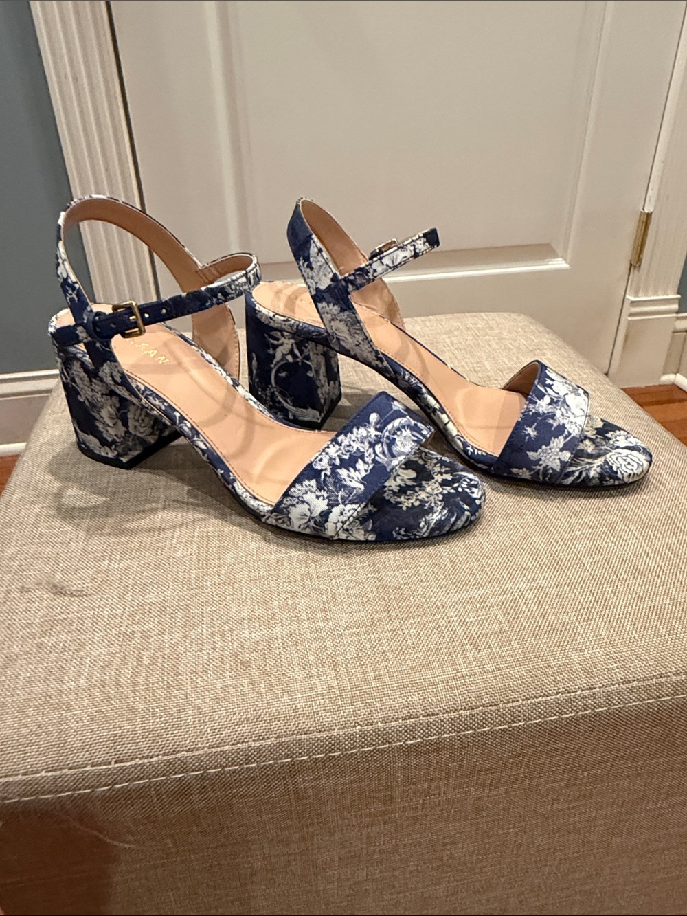 Cole Haan Blue and White Floral Block Heel Sandals